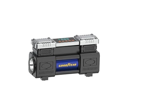 Goodyear MegaFlow50 12V Dual Cylinder Air Compressor | 150 PSI Tyre Inflator for Car, Bike & SUV | Heavy Duty Metal Body | Fast Inflation 60L/min | Digital Gauge | Portable Air Pump with Carry Case
