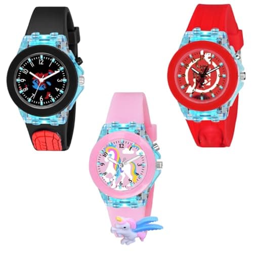 ON TIME OCTUS Kids Analouge 7 Multi-Color Light Cute 3D Cartoon Character Boy's and Girl's Watch | Pack of 3 Watches for Kids | Age 3-10 Years (Black+Pink+RED)