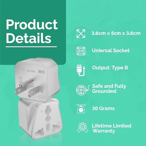 rts (5 Pack) Universal Travel Adapter Converter Plug India to US USA American (Type B) to Canada, Mexico, Japan Thailand, Brazil, Cuba for Laptop, Chargers Smartphones Laptops Camera Chargers Tablets 3