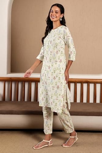 W Ecru Floral Printed Lace Cotton Kurta and Pant Set for Women 4