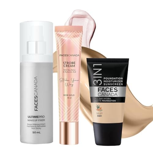 FACES CANADA Always On Glow Combo - All Day Hydra Matte Foundation - Absolute Ivory 012 (18 ml) + Strobe Cream - Rose Gold (18 ml) + Ultime Pro Makeup Fixer (50 ml) | Illuminating & Glowing Makeup Bas
