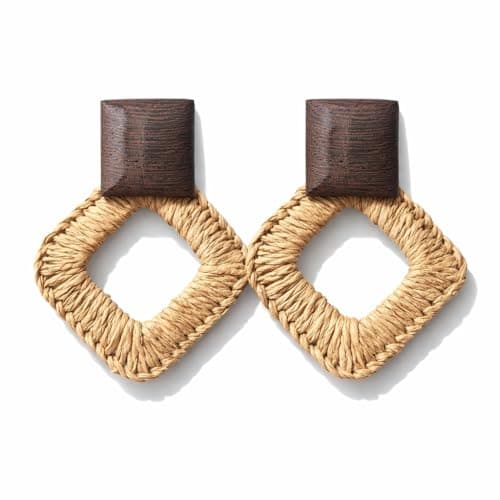 Detroja Wooden Square & Raffia Diamond Dangle Earrings