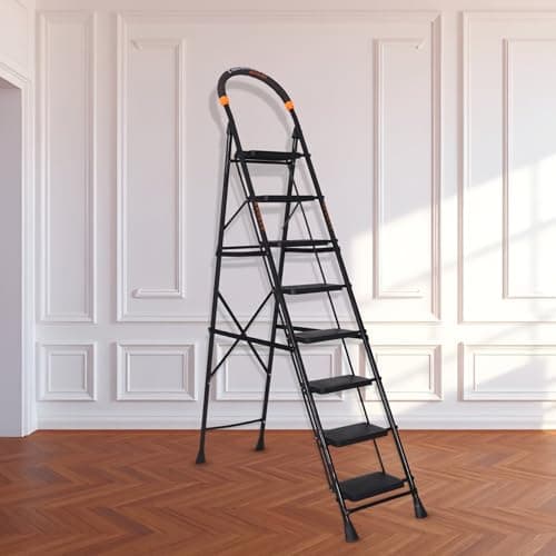Parasnath 8 Step GoUp Steel Ladder Black Colour Foldable Step Ladder - Light Weight Step Ladder Anti Skid Plastic Steps - 6 Year Manufacturer Warranty - Made in India