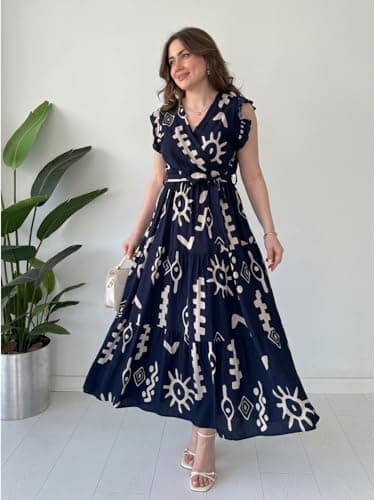 Modestouze Attires Dress for Women Western Maxi Style, Indo Western Dresses, One Piece Long Gown, A Line Flared Pattern, Ethnic Look Outfit for Women Navy Blue 5