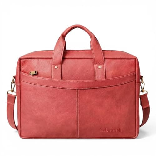 Labourish Genuine Leather Laptop Bag for Men, Vegetable-Tanned, Multiple Zipper Pockets, Adjustable Shoulder Strap, Classic Business Messenger Briefcase (Red)