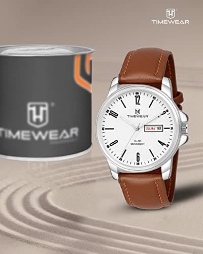 TIMEWEAR Analog New Track White Dial Day Date Functioning Brown Leather Strap Watch for Men 2