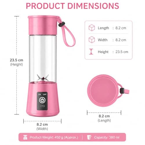 Portable Blender Juicer with USB Rechargeable Battery - 10 Blade Mini Personal Smoothie Mixer with 3 Speed Modes, Leakproof Travel Bottle with Handle for Juices, Shakes and Fruit Blends (Juicer_01) 2
