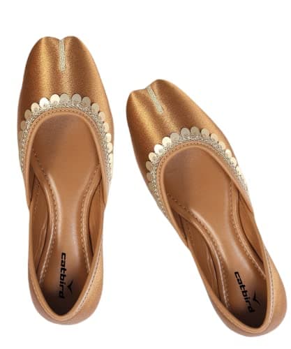 CatBird Women’s Designer Jutti with Embellished Border | Soft Cushioned Ethnic Mojari | Lightweight Slip-On Traditional Footwear | Festive 5 UK Tan