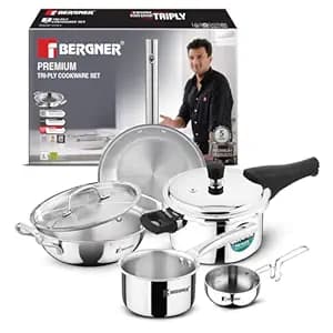 Bergner Tripro 6 Pc Triply Cookware Set - 3L Outer Lid Pressure Cooker, 22cm/2.1L Kadai, 22cm/1L Frypan, Common Lid, 14cm/1.1L Teapan, 12cm/500ml Tadka Pan, Less Oil, Healthy cooking, Induction Bottom