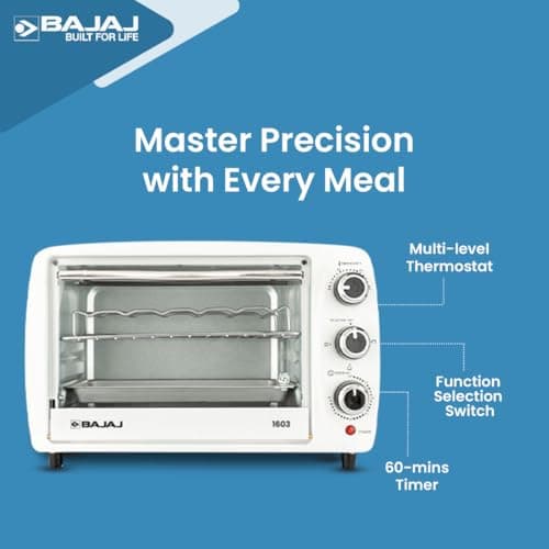 Bajaj 1603 16 Litres Oven Toaster Grill (16L OTG) With Baking & Grilling Accessories| 1200 W | Oven For Kitchen With Transparent Glass Door| 2 Year Warranty by Bajaj| White 4