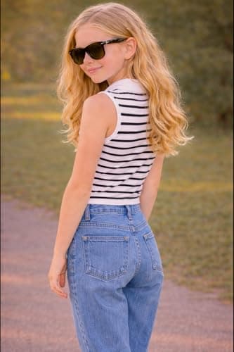 Ninas Girls Ribbed Sleeveless Top with Collar | Summer Outfit (11-12 Years, Black&White) 4