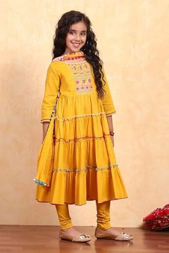 Biba Girl's Yellow Cotton Tiered Solid Suit Set 4