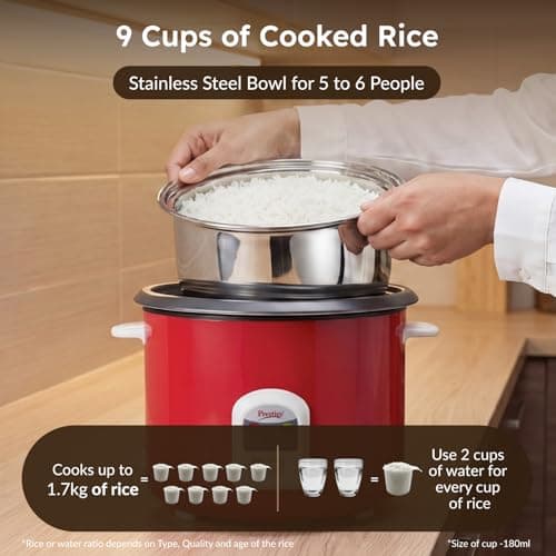 Prestige Delight Cute 2.8 SS Bowl Electric Rice Cooker(2.8L for Rice-Open Type, Silky Red, with Stainless Steel Cooking Pan 7.1L Volume,1000 W) 4