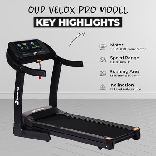 Durafit91™ Velox Pro 6 HP Peak BLDC Motor |Max User Weight 150 Kg|Hydraulic Foldable Treadmill|Running Surface:L -1350mm&W -500mm|25 Level Auto Incline|18 Km/Hr Max Speed|Bluetooth Speaker|Wynd app 3