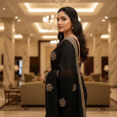 WEALTHY WOMEN Elegant Black Saree with Gold Embroidery, Traditional Indian Ethnic Wear, Formal Occasion Dress, Embellished Border Design (black) 6