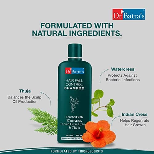 Dr Batra's Hair Fall Control Shampoo with Watercress, Indian Cress Extract & Thuja | Helps Reduce Hair Fall & Strengthen Hair | Anti Hair Fall Shampoo for Men & Women | Gentle Daily Use Hair Care | 50 5