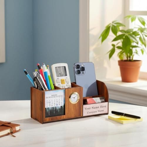 Deskart Personalized Pen Holder Stand with Clock, Two Years Calendar, Business Visiting Card & Mobile Holder | Multipurpose Desk Organizer with Name Engraving for Office Desk and Gifting 3