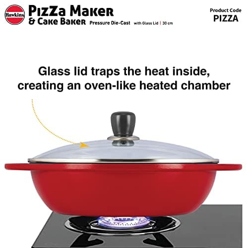 Hawkins Diecast 30 cm Nonstick Pizza Maker and Cake Baker with Glass Lid, Gas Oven, Pizza Oven Toaster Griller Tandoor Barbecue, Cake Baking Pan, Red (PIZZA) 5