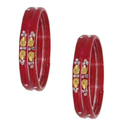 NMII Glass with Zircon Gemstone and Beads Studded Glossy Finished Kada For Women and Girls, Pack of 4, (Red_2.8 Inches) 4
