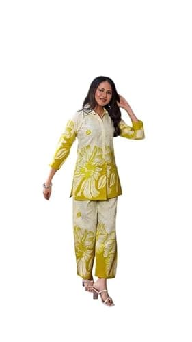 AK Fashion Mall Women Floral Printed Co-Ord Set | Cotton Fabric | Cream–Mustard | Collared Top with Pant | 3/4 Sleeve | Smart Office Wear
