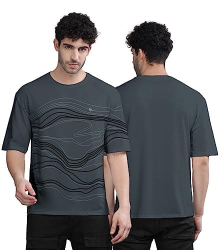BULLMER Trendy Front Printed Oversized Round Neck T-Shirt for Men - Dark Grey/Medium