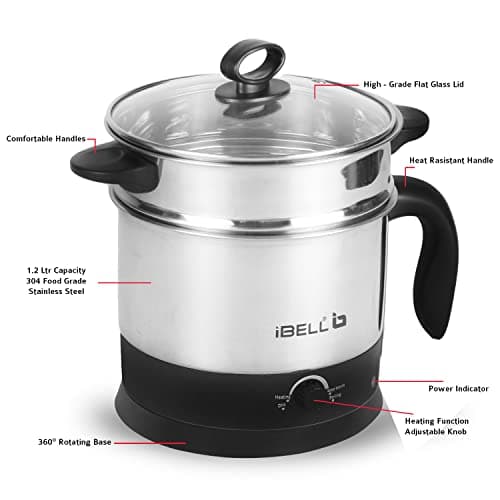 IBELL MPK12M Multipurpose Electric Kettle, 1.2L Capacity, 600W Power, Includes 2 Cooking Pots & Egg Boiler, Adjustable Temperature Control, Durable Stainless Steel Body (Silver) 5
