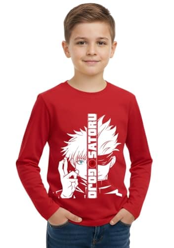 Gojo Satoru Split Face Printed Cotton Full Sleeve T-Shirt for Kids-G7 Red