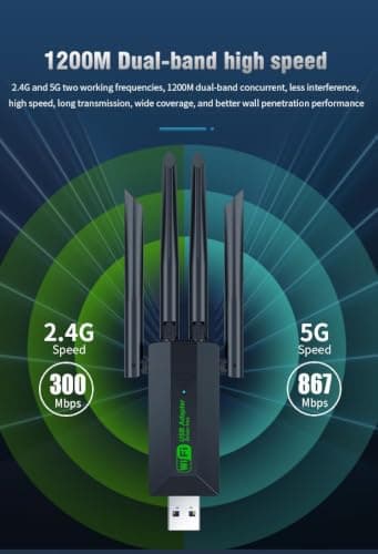WISTAR USB Adapter, 1200Mbps Dongle USB 3.0 Dual Band 5G 2.4G, Network Adapter for Desktop Laptop PC, Dual 5dBi Antennas, Supports 3