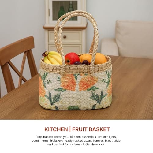 Habere India-All the Cultures Fabricating India Picnic Baskets | Lunch Bag | Jute/Cane Basket for Gifting | Tiffin Basket | Jute Oval Gift Baskets (Design 06 - L26 x W20 x H18 cm) 3