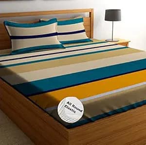 FITZY 300 TC Cotton Feel All Around Elastic Fitted Glace Printed King Size Double Bed Bedsheet with 2 Large Pillow Covers Fits Upto Mattress of 8 Inches,Size - 72 x 78 x 10 Inches,MULTICOLOR