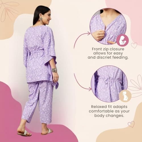 Aaheli Women’s Rayon Printed Maternity Kaftan Top & Pant Set – Soft Lavender | Comfortable Nursing Wear | V-Neck Feeding Pyjama Set for Pregnancy | Lavender, XL 5