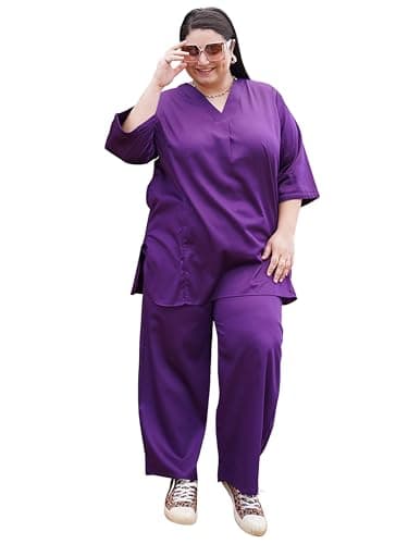 TITTLI Plus Size Cotton Silk Co-Ord Set for Women | Tunic and Trouser Set V-Neck and 3/4 Sleeve| Elasticated Waist 2 Pockets Casual Wear and Everyday wear Outfit |3XL to 8XL Violet