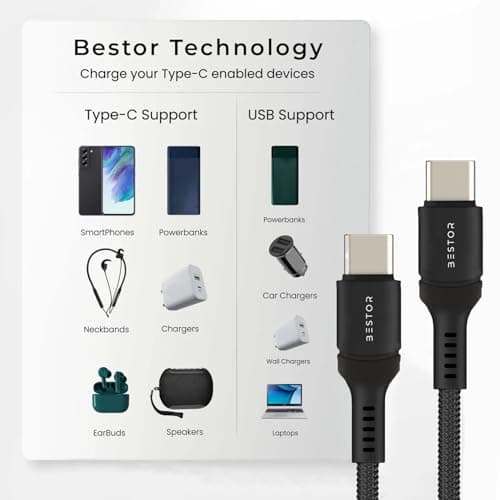 BESTOR 60W Type-C to Type-C Cable 1.2m PD Fast Charging Nylon Braided Durable Design 480Mbps Data Transfer Compatible with Smartphones, Tablets, Laptops & All Type-C Devices 5