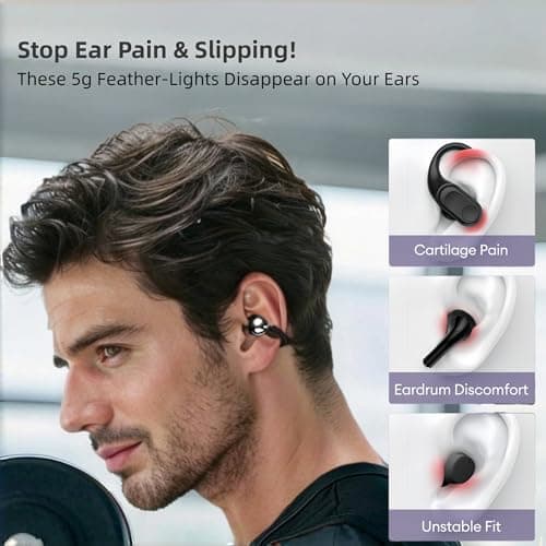 Clip On Earbuds Touch Screen,Wireless Open Ear Headphones with Bluetooth 5.4，50h Battery Life，Lightweight Comfort Sport Earbuds Built-in Mic IPX7 Waterproof Earphones for Running Fitness,Black 4