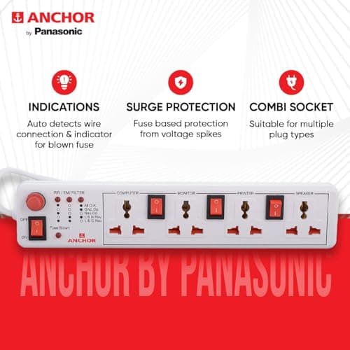 Anchor by Panasonic 4 way 6A Universal Socket with 3 Switch & 1 Master Switch | 4 Way Extension Board with 1.5 Mtr Extension Cord | Multi Plug Socket for Home Wall, Office (22568) 4