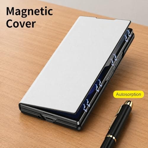 EGOTUDE for Samsung Galaxy Z Fold 7 Case, Premium Leather Magnetic Flip Cover with Kick Stand (White) 3