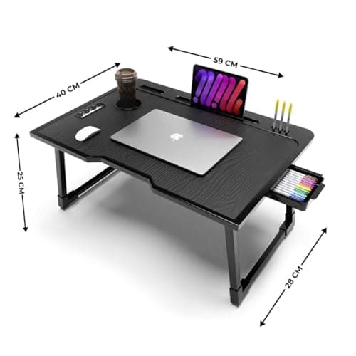 Mini Laptop Table for Bed Foldable Wooden Smart Study Table with Drawer New Kids & Adults (US Black Mold COTED) 3