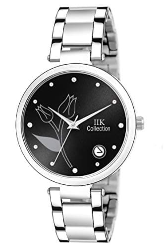 IIK COLLECTION Round Studded Dial Stainless Steel Bracelet Chain Strap Analogue Wrist Black Watch for Women and Girls