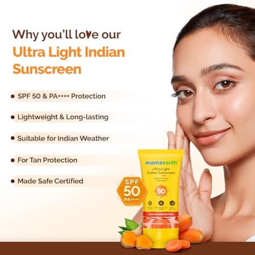 Mamaearth Ultra Light Indian Sunscreen with Carrot Seed & Turmeric | SPF 50 PA ++++ | UVA & UVB Protection | Tan Protection | No White Cast | Non-Greasy & Quick Absorbing | Super Lightweight | Suits A 3