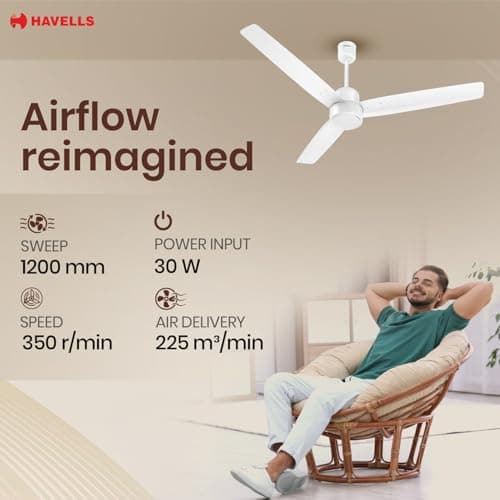 Havells EPIC BLDC Ceiling Fan 1200mm, 380 RPM, Savings upto 65%, Reverse Rotation, 4 Modes (Boost, Sleep, Breeze, Mop), Low Wattage 30W, Low Noise, Air Flow:225 CMM, 3 Year Warranty, Elegant White 5