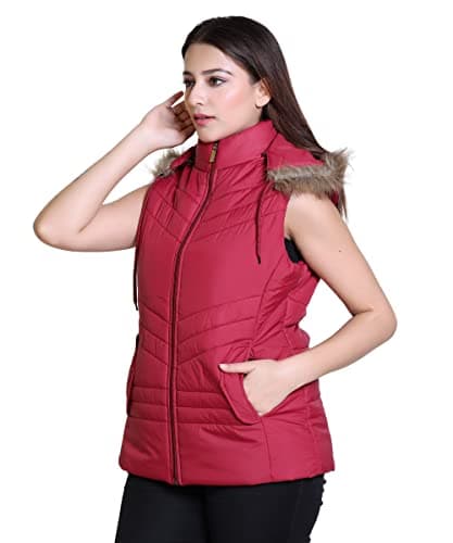 Brazo Women's Sleeveless Solid Jacket With Hoodie (M, Maroon) 2