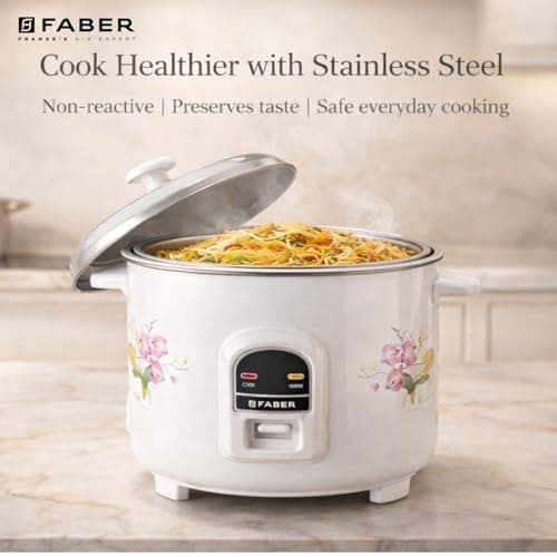 Faber 1.8L Rice Cooker|700watts|2 Stainless Steel Pot|Cool&Warm Mode|Floral White Finish| 2yrs Warranty on Product & 5yrs on Heating Element|Cool Touch Handle|LED Indicators|FRC Sydney 1.8 SS2 5