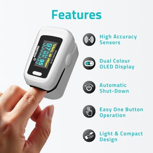 Medtech OG05 - Fingertip Pulse Oximeter | Blood Oxygen Saturation and Heart Rate Monitor | SpO2 Oxygen Meter | Finger Pulse oximeter | 4 Parameters - Perfusion Index, Respiratory Rate, Oxygen Level an 4