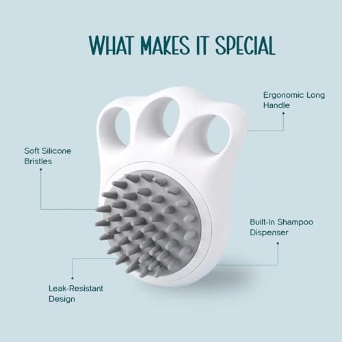 Tilting Heads FoamFlow Bath Brush for Dogs & Cats – 2-in-1 Pet Bath Brush with Shampoo Dispenser, Soft Silicone Bristles, Gentle Massage & Easy Cleaning 4