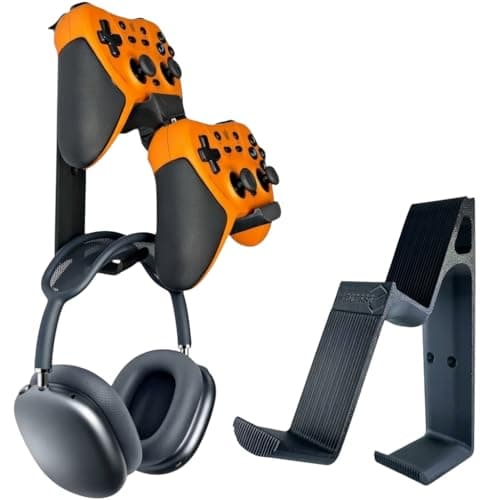 SPROSO Retro Dual Gaming Controller & Headphone Stand Wall Mount with Cable Holder | Stick-On Adhesive No-Drill | ABS Organizer for Gaming Room & Desk | Includes Cleaning Wipes (Black, Pack of 1)