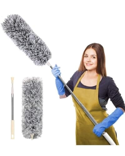 Rorian Microfiber Feather Duster with Extendable Long Pole (100 Inches), Bendable Head for Cleaning High Ceiling Fans, Interior Roof, Cobwebs – Washable & Telescopic Long Handle Cleaning Tool (S2)