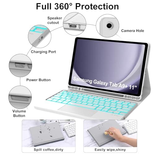 Keyboard Case for Samsung Galaxy Tab A9 Plus 11 inch 2023, Detachable Bluetooth Wireless Keyboard with 7-Color Backlit Trackpad for Galaxy Tab A9+ 11'', Flip Stand Case, Rechargeable, Gray 4