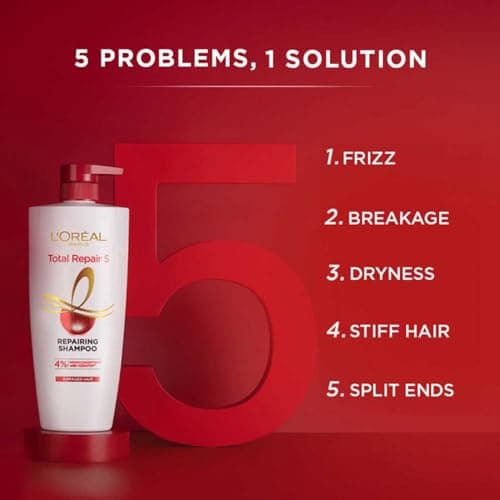 L'Oreal Paris Repairing Shampoo + Restoring Conditioner + Smoothening and Repairing Serum For Damaged and Weak Hair, With Pro-Keratin, Ceramide+UV Filter, Total Repair 5, Bundle pack 4
