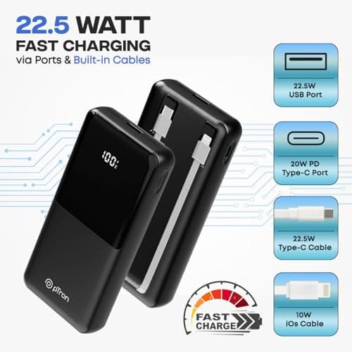 pTron Dynamo Power 20000mAh 22.5W Super Fast Charging, USB Type-C Input Power Bank with Quick Charge & 20W Power Delivery, Built-in Charging Cables, 4 Outputs, Type-C Input/Output Port (Black) 3