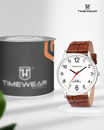 TIMEWEAR Analog White Number Dial Brown Leather Strap Watch for Men 2